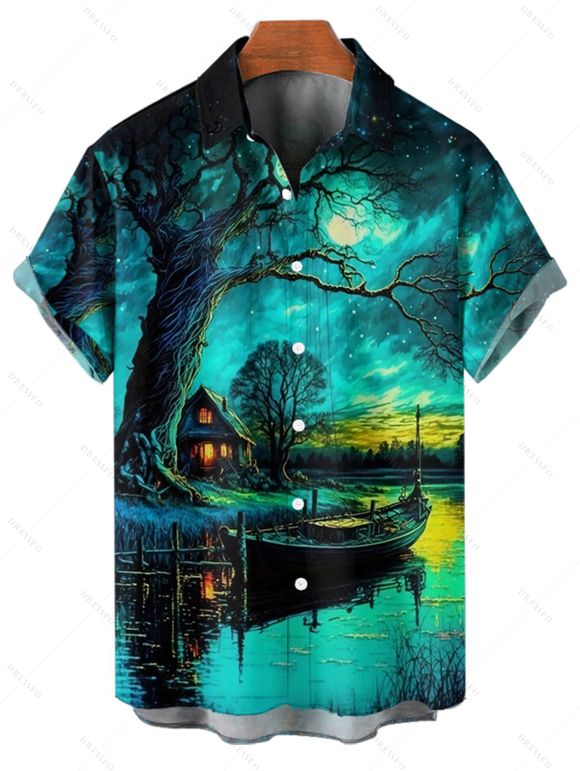Chemise de vacances pour homme, boutonnée, imprimé paysage forestier - Vert profond 5XL