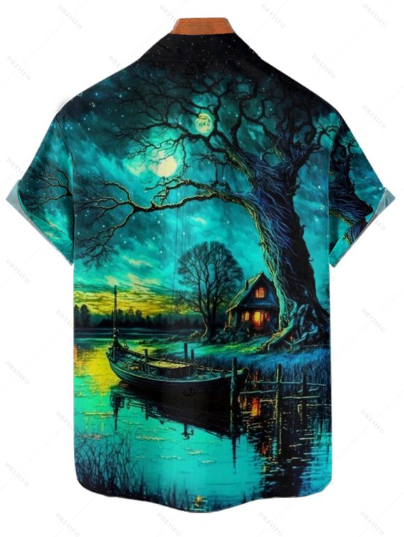 Chemise de vacances pour homme, boutonnée, imprimé paysage forestier - Vert profond 3XL