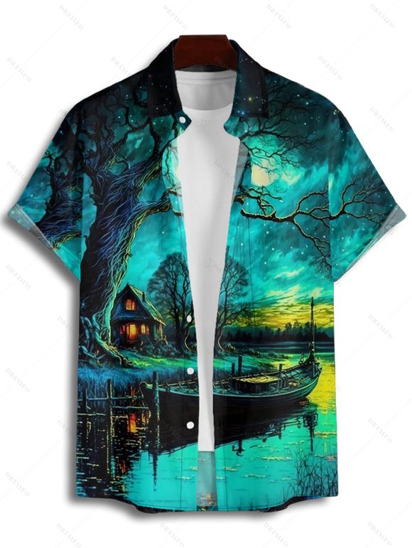 Chemise de vacances pour homme, boutonnée, imprimé paysage forestier - Vert profond 3XL