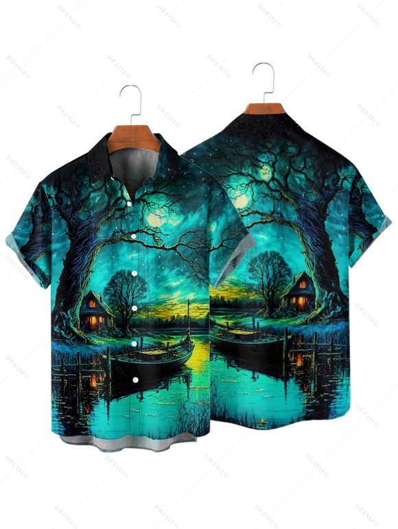 Chemise de vacances pour homme, boutonnée, imprimé paysage forestier - Vert profond 3XL