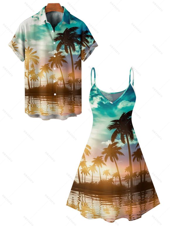 Beach Couple Outfit Coconut Tree Sunlight Print Mini Dress and Shirt Vacation Set - Orange S | US 4