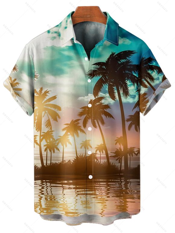 Beach Couple Outfit Coconut Tree Sunlight Print Mini Dress and Shirt Vacation Set - Orange S | US 4