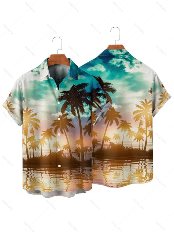 Beach Couple Outfit Coconut Tree Sunlight Print Mini Dress and Shirt Vacation Set - Orange S | US 4