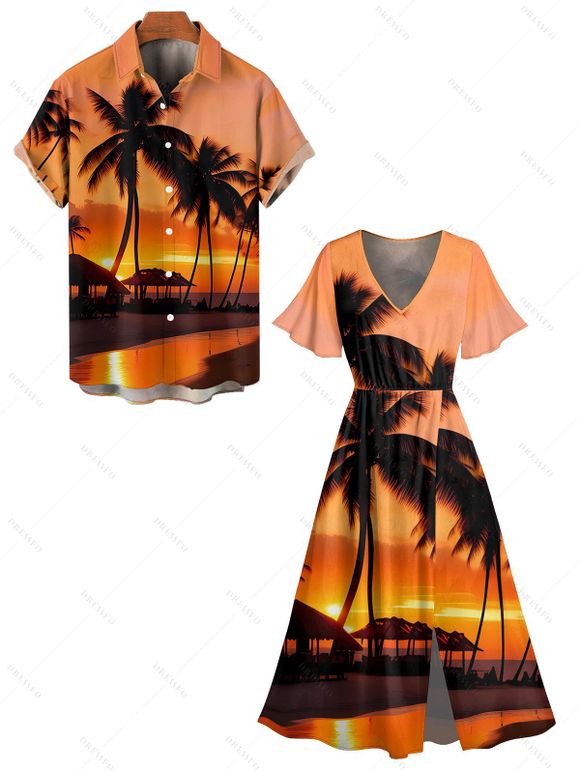Beach Couple Outfit Sunset Coconut Tree Print Slit Midi Dress and Shirt Vacation Set - Orange S | US 4
