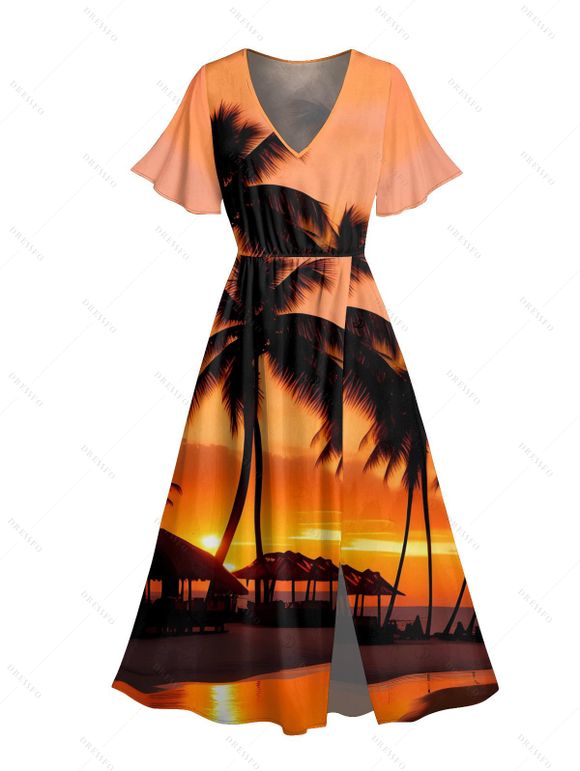 Beach Couple Outfit Sunset Coconut Tree Print Slit Midi Dress and Shirt Vacation Set - Orange S | US 4