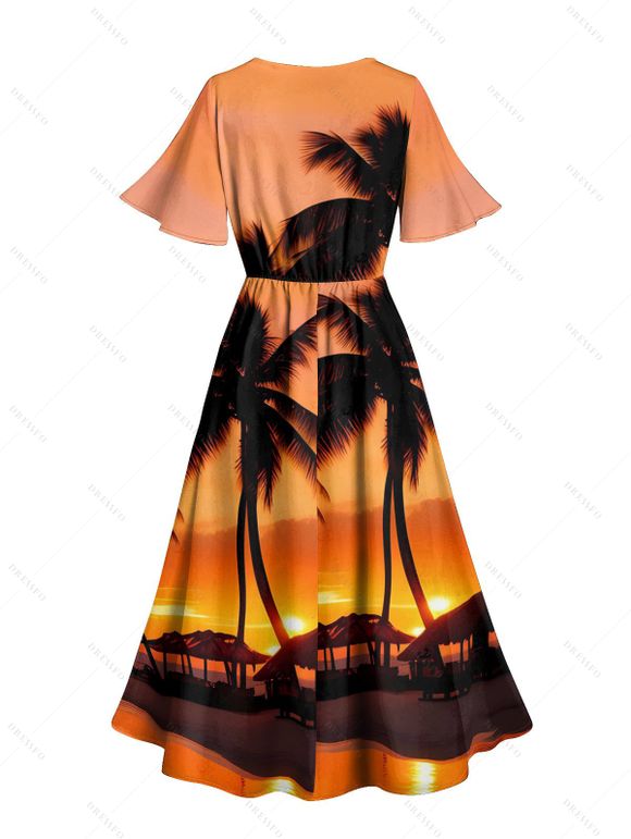 Beach Couple Outfit Sunset Coconut Tree Print Slit Midi Dress and Shirt Vacation Set - Orange S | US 4