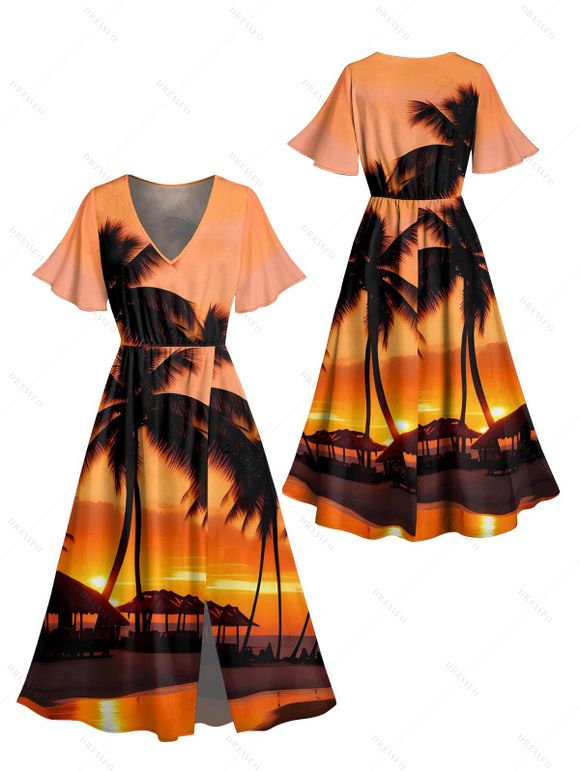 Beach Couple Outfit Sunset Coconut Tree Print Slit Midi Dress and Shirt Vacation Set - Orange S | US 4