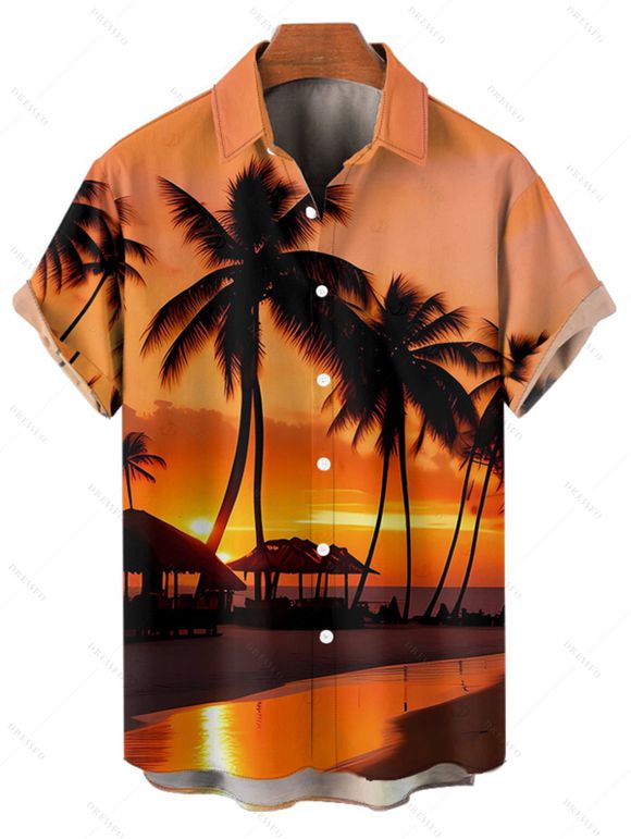 Beach Couple Outfit Sunset Coconut Tree Print Slit Midi Dress and Shirt Vacation Set - Orange S | US 4