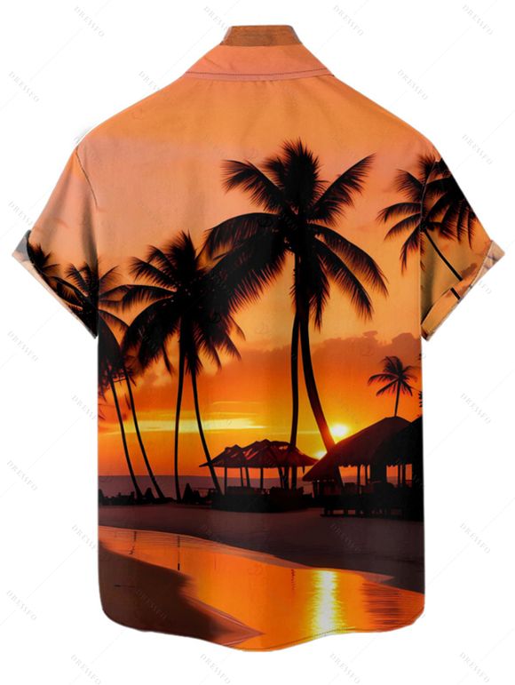 Beach Couple Outfit Sunset Coconut Tree Print Slit Midi Dress and Shirt Vacation Set - Orange S | US 4