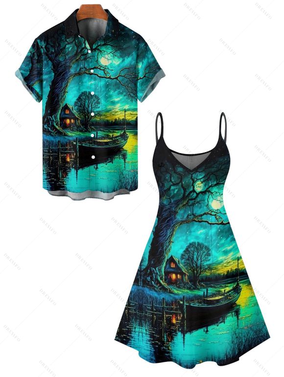Vacation Couple Outfit Forest Landscape Print Mini Dress and Shirt Set - Vert profond S | US 4