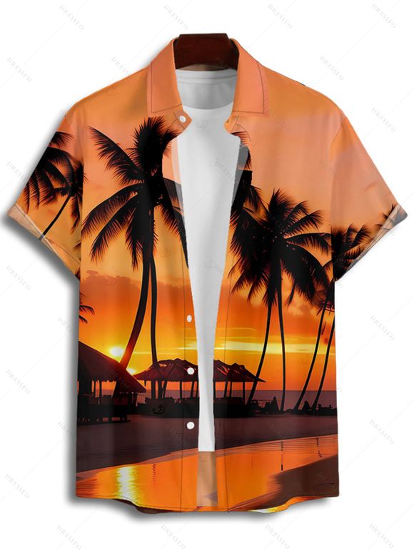 Beach Couple Outfit Sunset Coconut Tree Print Slit Midi Dress and Shirt Vacation Set - Orange S | US 4