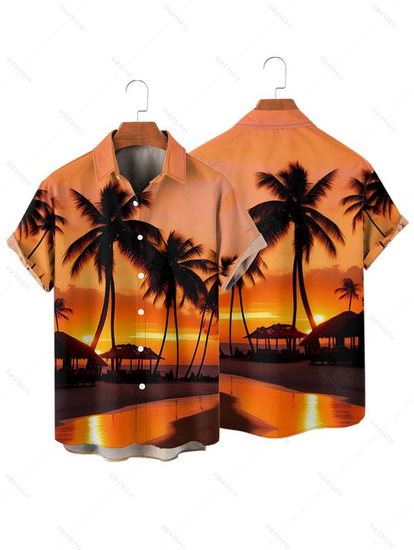 Beach Couple Outfit Sunset Coconut Tree Print Slit Midi Dress and Shirt Vacation Set - Orange S | US 4