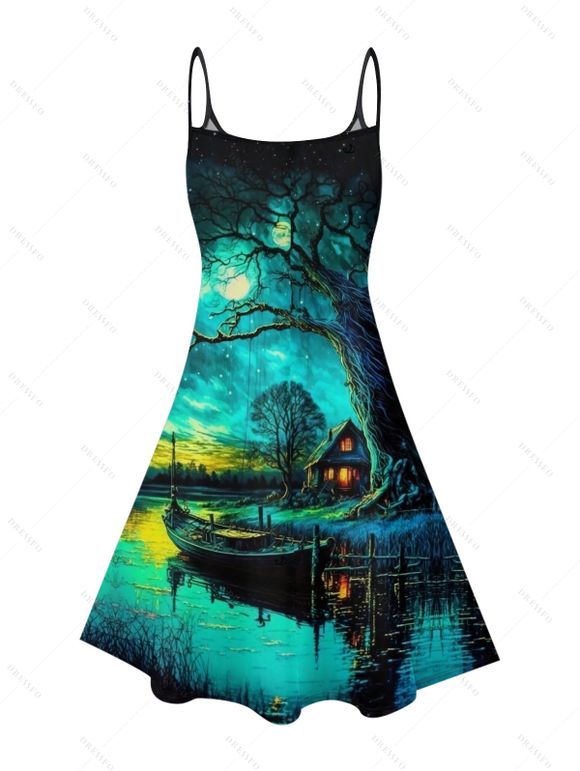 Vacation Couple Outfit Forest Landscape Print Mini Dress and Shirt Set - Vert profond S | US 4