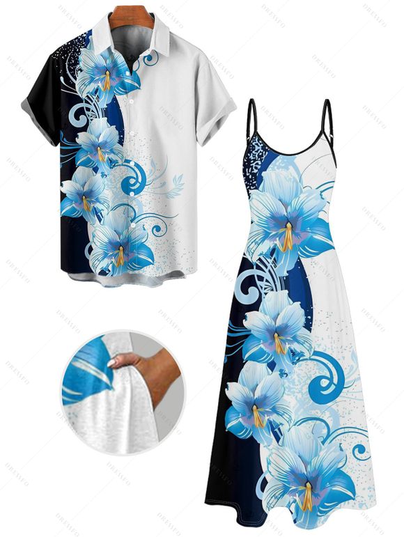 Vacation Couple Outfit Contrast Color Floral Print Pocket Long Dress and Shirt Set - Bleu clair S | US 4