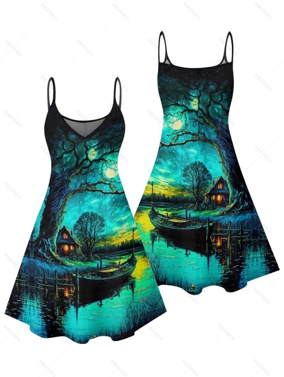 Vacation Couple Outfit Forest Landscape Print Mini Dress and Shirt Set - Vert profond S | US 4