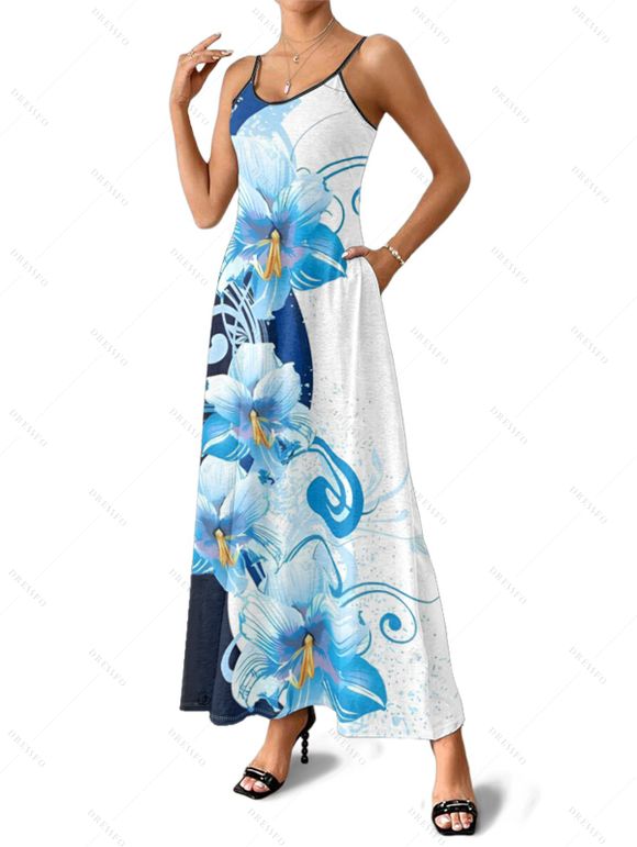 Vacation Couple Outfit Contrast Color Floral Print Pocket Long Dress and Shirt Set - Bleu clair S | US 4