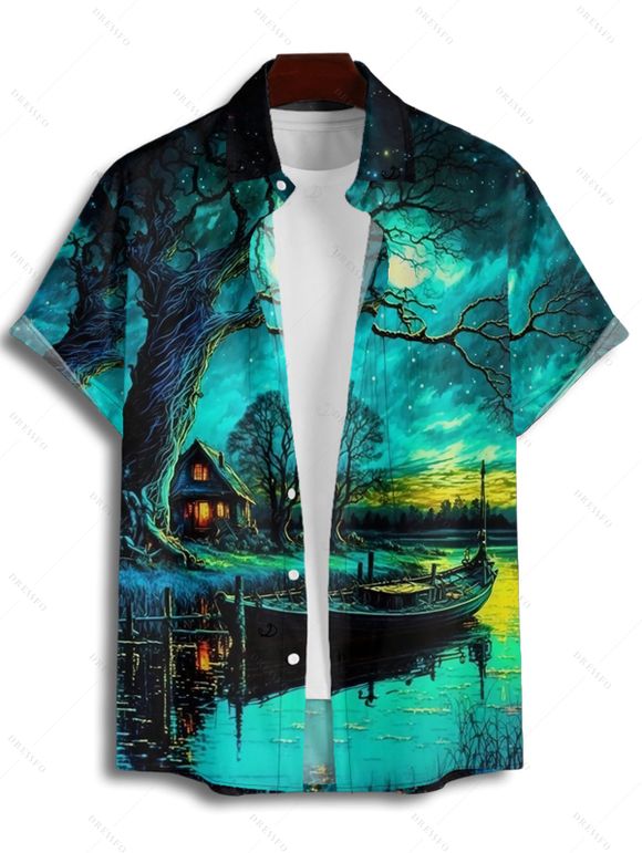 Vacation Couple Outfit Forest Landscape Print Mini Dress and Shirt Set - Vert profond S | US 4