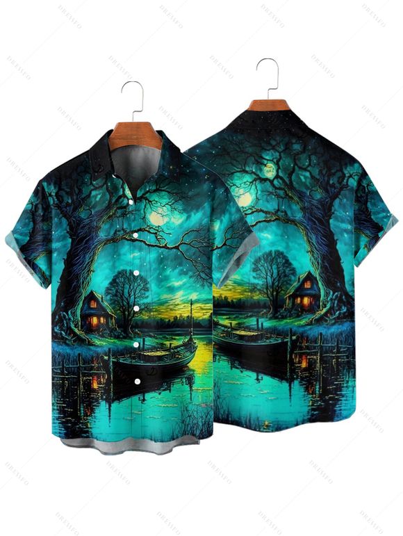 Vacation Couple Outfit Forest Landscape Print Mini Dress and Shirt Set - Vert profond S | US 4
