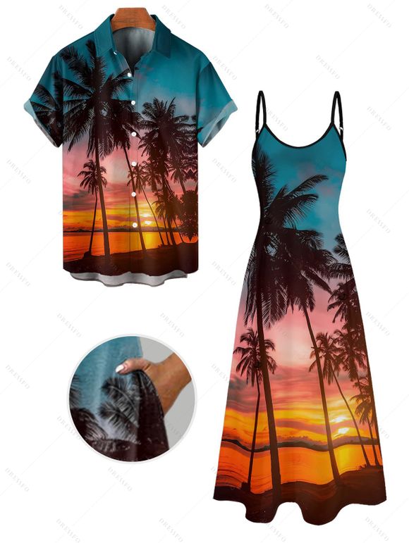 Vacation Couple Outfit Beach Landscape Coconut Tree Print Pocket Dress and Shirt Set - Orange S | US 4