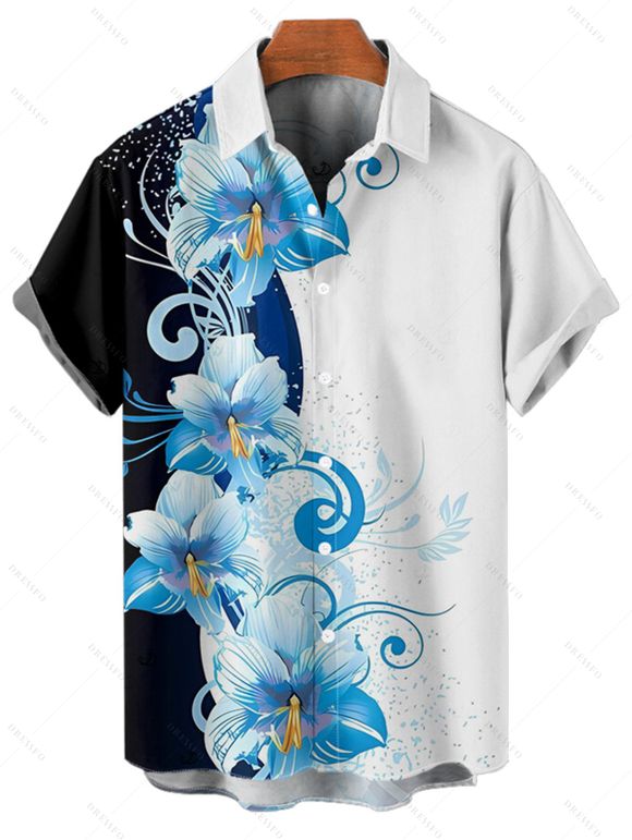 Vacation Couple Outfit Contrast Color Floral Print Pocket Long Dress and Shirt Set - Bleu clair S | US 4