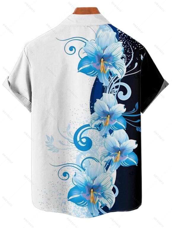 Vacation Couple Outfit Contrast Color Floral Print Pocket Long Dress and Shirt Set - Bleu clair S | US 4