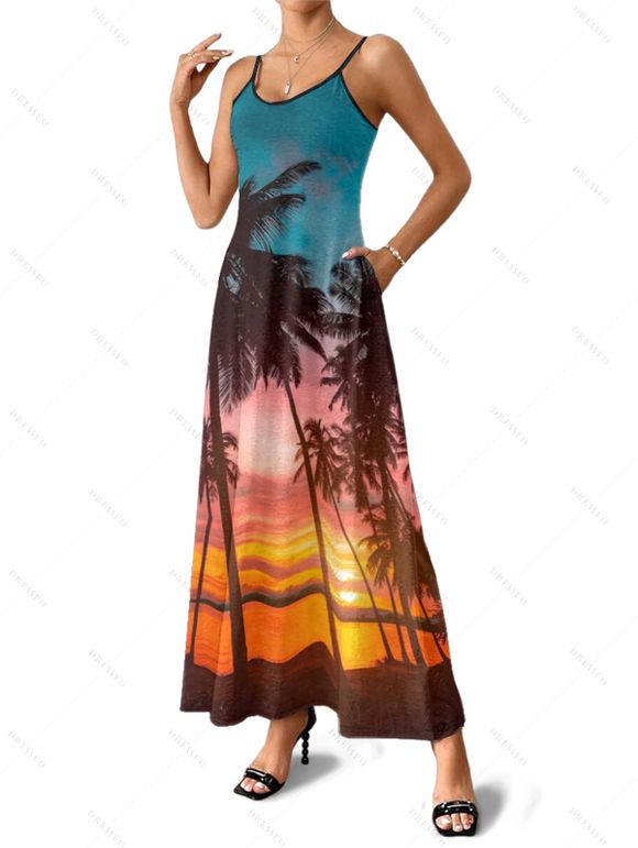 Vacation Couple Outfit Beach Landscape Coconut Tree Print Pocket Dress and Shirt Set - Orange S | US 4