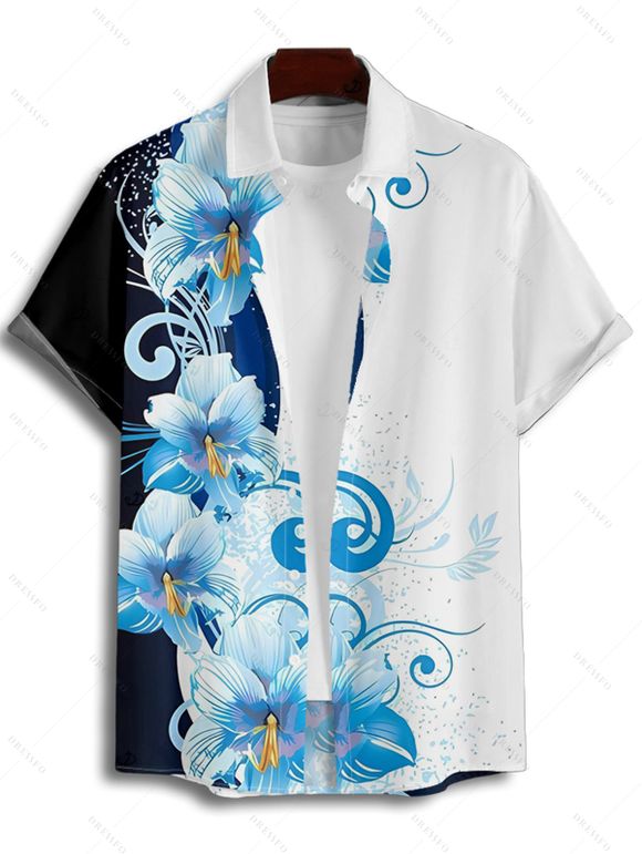 Vacation Couple Outfit Contrast Color Floral Print Pocket Long Dress and Shirt Set - Bleu clair S | US 4