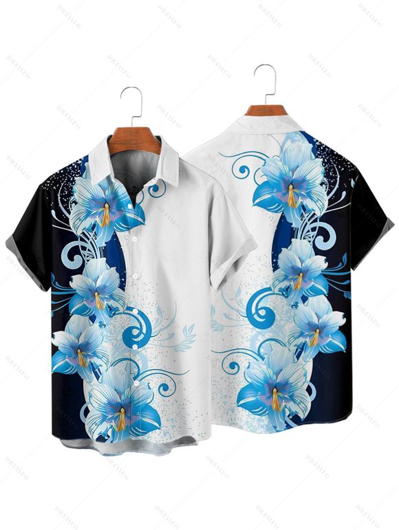 Vacation Couple Outfit Contrast Color Floral Print Pocket Long Dress and Shirt Set - Bleu clair S | US 4