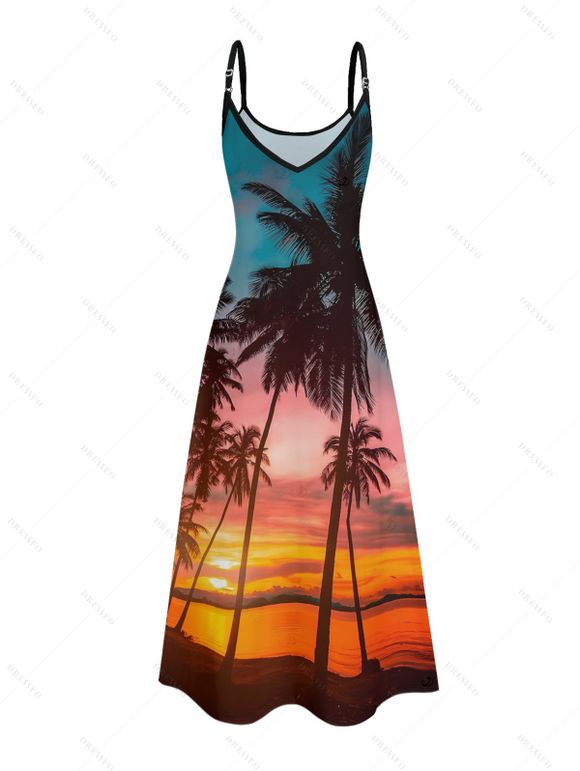Vacation Couple Outfit Beach Landscape Coconut Tree Print Pocket Dress and Shirt Set - Orange S | US 4