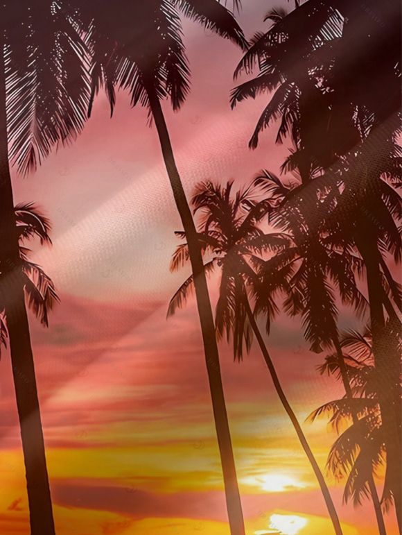 Vacation Couple Outfit Beach Landscape Coconut Tree Print Pocket Dress and Shirt Set - Orange S | US 4