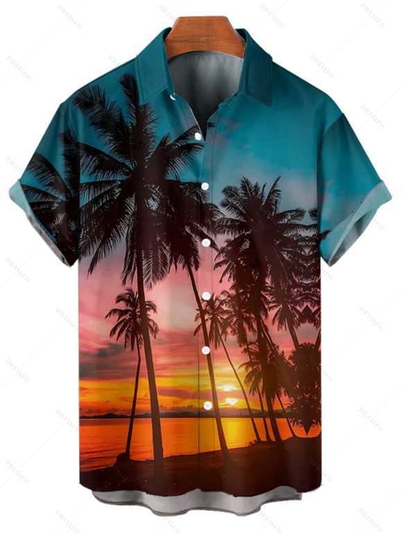 Vacation Couple Outfit Beach Landscape Coconut Tree Print Pocket Dress and Shirt Set - Orange S | US 4