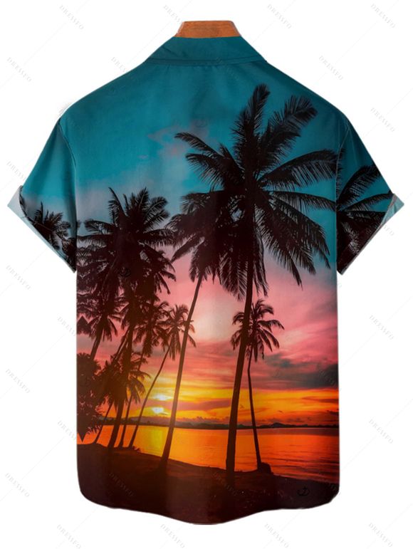 Vacation Couple Outfit Beach Landscape Coconut Tree Print Pocket Dress and Shirt Set - Orange S | US 4