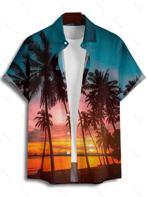 Vacation Couple Outfit Beach Landscape Coconut Tree Print Pocket Dress and Shirt Set - Orange S | US 4
