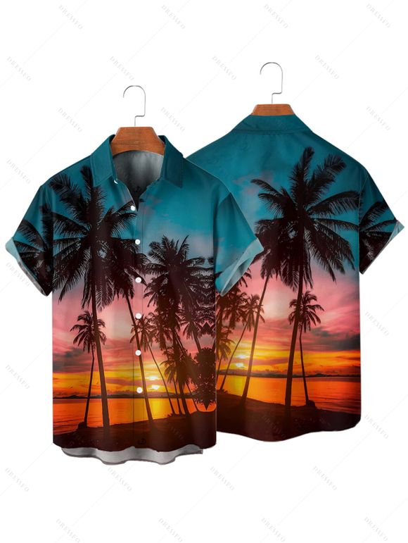 Vacation Couple Outfit Beach Landscape Coconut Tree Print Pocket Dress and Shirt Set - Orange S | US 4