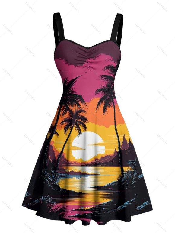 Robe de vacances pour la plage, mini-robe froncée à imprimé cocotier et coucher de soleil - Rouge XXXXXL | US 20