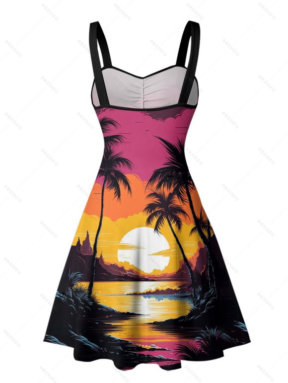 Robe de vacances pour la plage, mini-robe froncée à imprimé cocotier et coucher de soleil - Rouge XL | US 12