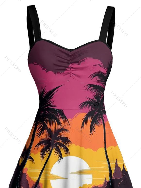 Robe de vacances pour la plage, mini-robe froncée à imprimé cocotier et coucher de soleil - Rouge XL | US 12