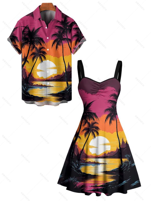 Vacation Couple Outfit for Beach Coconut Tree Sunset Print Dress and Shirt Set - Rouge S | US 4