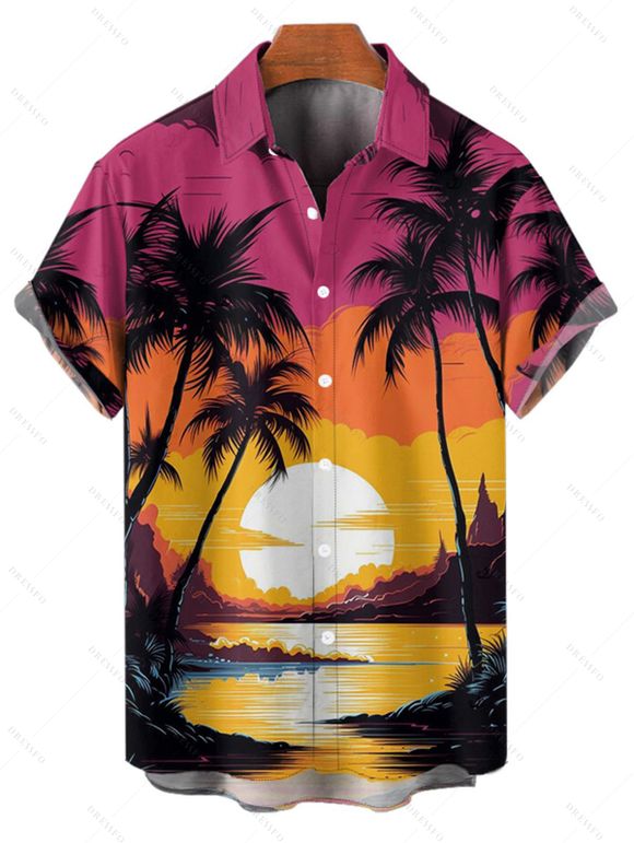 Vacation Couple Outfit for Beach Coconut Tree Sunset Print Dress and Shirt Set - Rouge S | US 4