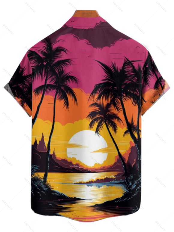 Vacation Couple Outfit for Beach Coconut Tree Sunset Print Dress and Shirt Set - Rouge S | US 4