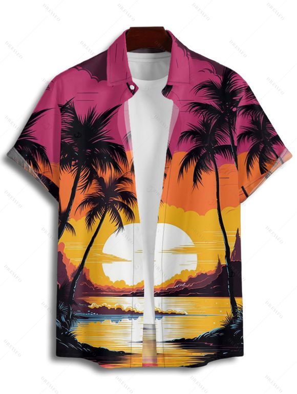 Vacation Couple Outfit for Beach Coconut Tree Sunset Print Dress and Shirt Set - Rouge S | US 4