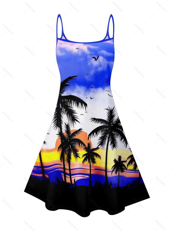 Robe de vacances à imprimé cocotier ombré, robe à bretelles spaghetti pour la plage - Bleu XXL | US 14
