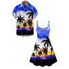 Vacation Couple Outfit Ombre Coconut Tree Print Spaghetti Strap Dress and Shirt Beach Set - Bleu S | US 4