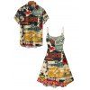 Vintage Couple Outfit Colorblock Letter Posters Style Print Mini Dress and Shirt Set - multicolor S | US 4