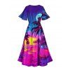 Vacation Couple Outfit for Beach Coconut Tree Print Slit Dress and Shirt Set - Rouge Rose S | US 4