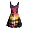 Robe de vacances pour la plage, mini-robe froncée à imprimé cocotier et coucher de soleil - Rouge XXXXXL | US 20