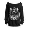 Sweat-shirt gothique à col oblique avec imprimé floral et motif chat, triangle et marguerite - Noir XXL | US 14