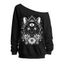 Sweat-shirt gothique à col oblique avec imprimé floral et motif chat, triangle et marguerite - Noir XXL | US 14