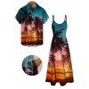 Vacation Couple Outfit Beach Landscape Coconut Tree Print Pocket Dress and Shirt Set - Orange S | US 4