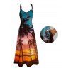 Vacation Couple Outfit Beach Landscape Coconut Tree Print Pocket Dress and Shirt Set - Orange S | US 4